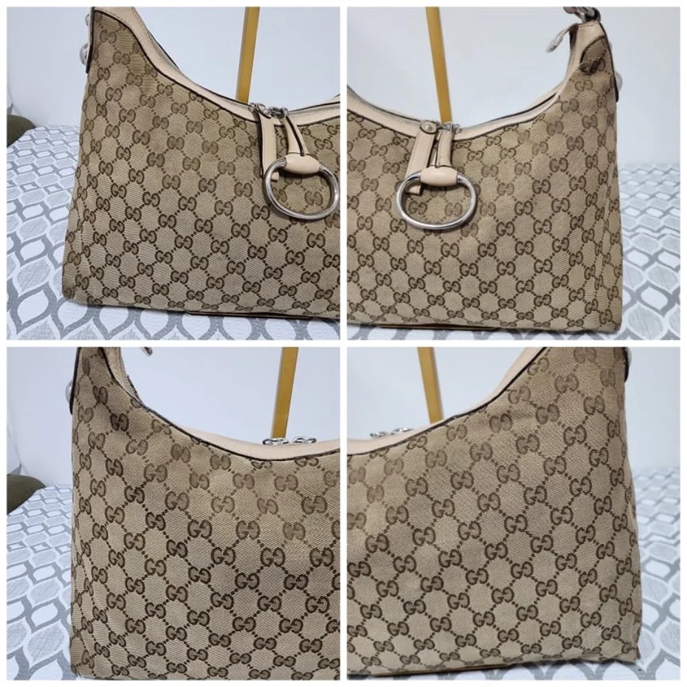Authentic Gucci GG Canvas Medium Icon Bit Hobo Bag Beige/Brown